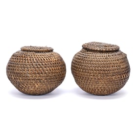 Pair Covered Baskets, Quality Weaving, Unidentified Tribe/Culture