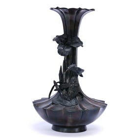 Bronze Vase, Three Dimensional Classical Design Of Hummingbird And Floral