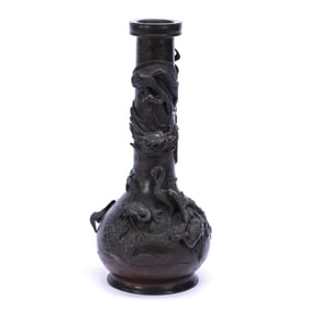Bronze Vase, Three Dimensional Design Of Hummingbird And Floral