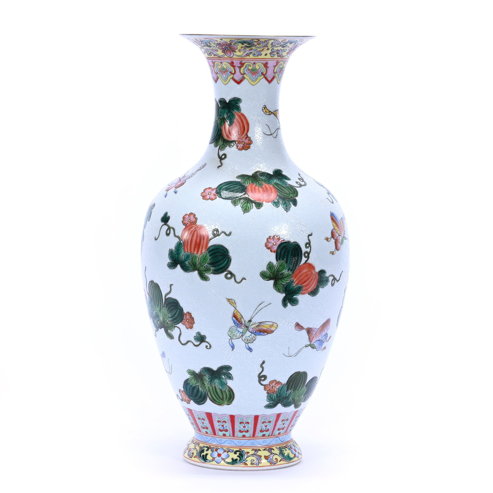 Vase Marked Chinese Porcelain And Enamel, White With Yellow Trim: Vase Marked Chinese Porcelain And Enamel, White With Yellow Trim, 13.5" x 6.5", Butterfly And Squash Decor, In Style Of Qianlong, The Estate Of Rex And Mary Campbell, MO. All Proceeds Of This Auction 