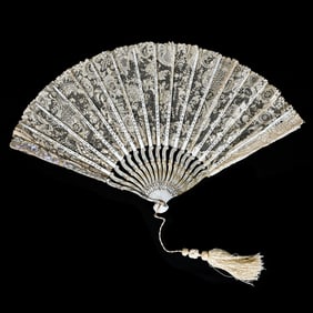 Vintage Lace Folding Fan, MOP Decorated Folds