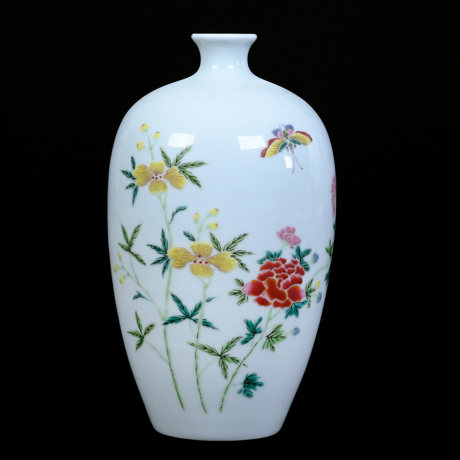 Vase, Unmarked Chinese Porcelain In Style Of Kangxi Period: Vase, Unmarked Chinese Porcelain In Style Of Kangxi Period, 8.25" x 4.5", Off White With Butterfly And Floral Design, Fungi On Reverse, The Estate Of Rex And Mary Campbell, MO. All Proceeds Of This Au
