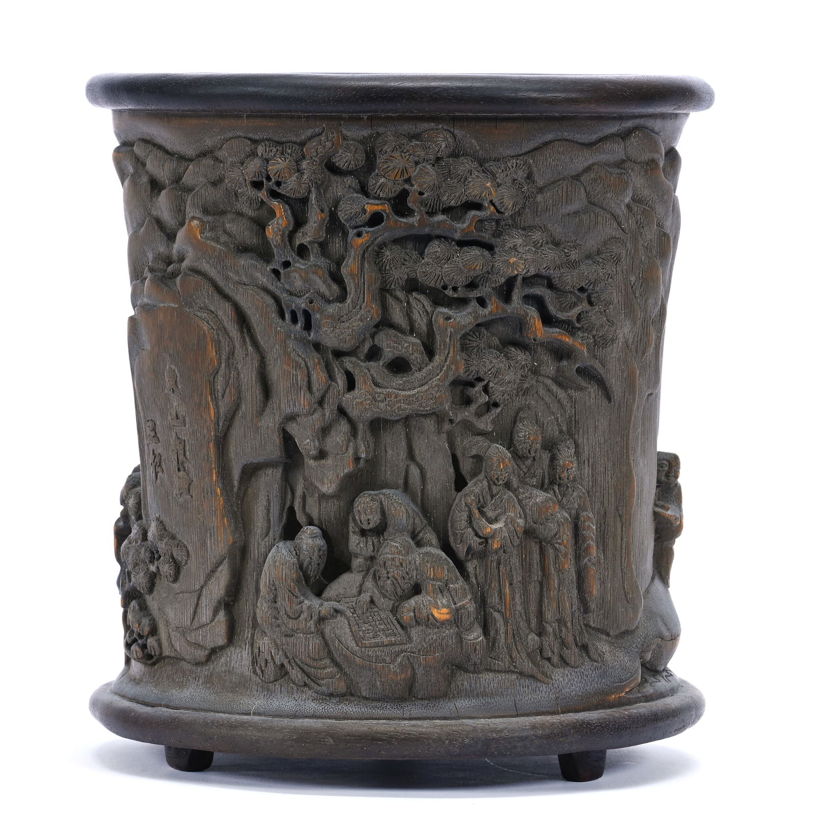 Chinese Carved Bamboo Brush Pot, Artist Marked: Chinese Carved Bamboo Brush Pot, Artist Marked, 6.5" x 6", Nine Individuals With Rocks & Tree Highlights, Natural Reticulation, The Estate Of Rex And Mary Campbell, MO. All Proceeds Of This Auction Go