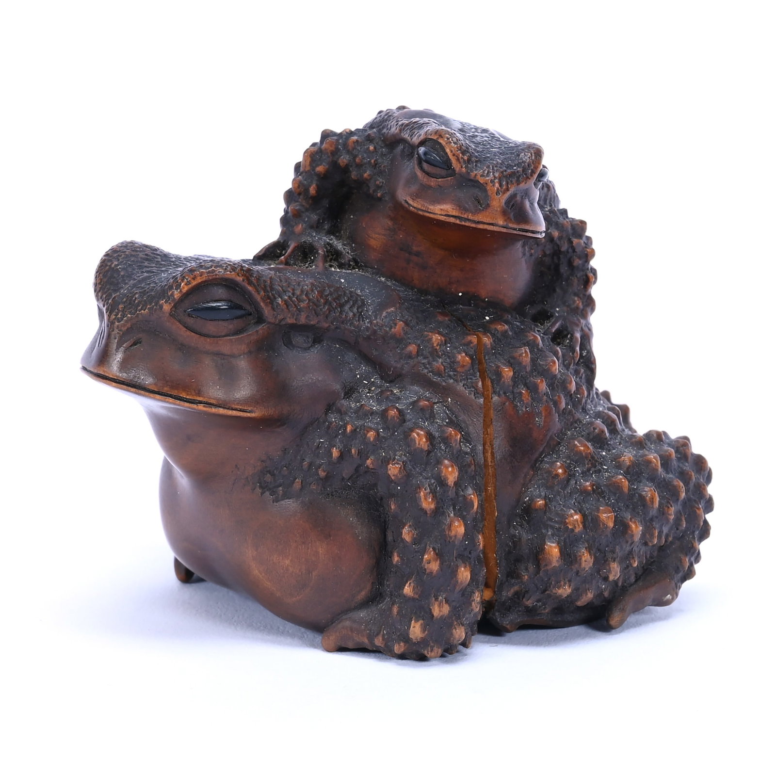 Japanese Carved Wood Okimono In Form Of Horned Toad: Japanese Carved Wood Okimono In Form Of Horned Toad, 1.75" x 2.25", Young Toad On Back, Very Fine Detail, Artist Marked, Split In Wood On Side, The Estate Of Rex And Mary Campbell, MO. All Proceeds Of