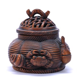 Chinese Carved Wooden Box, Basket Design With Crab And Reticulated Lid