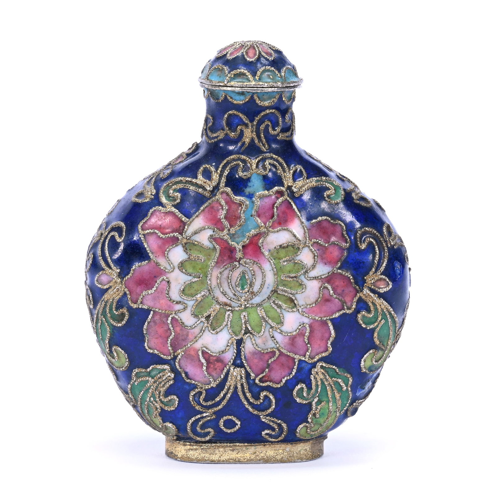 Chinese Plique-A-Jour Enamel Snuff Bottle: Chinese Plique-A-Jour Enamel Snuff Bottle, 2.75" x 2.25", In Style Of Qing Dynasty, Cobalt Blue Ground With Rose Blossom Design, The Estate Of Rex And Mary Campbell, MO. All Proceeds Of This Auction G
