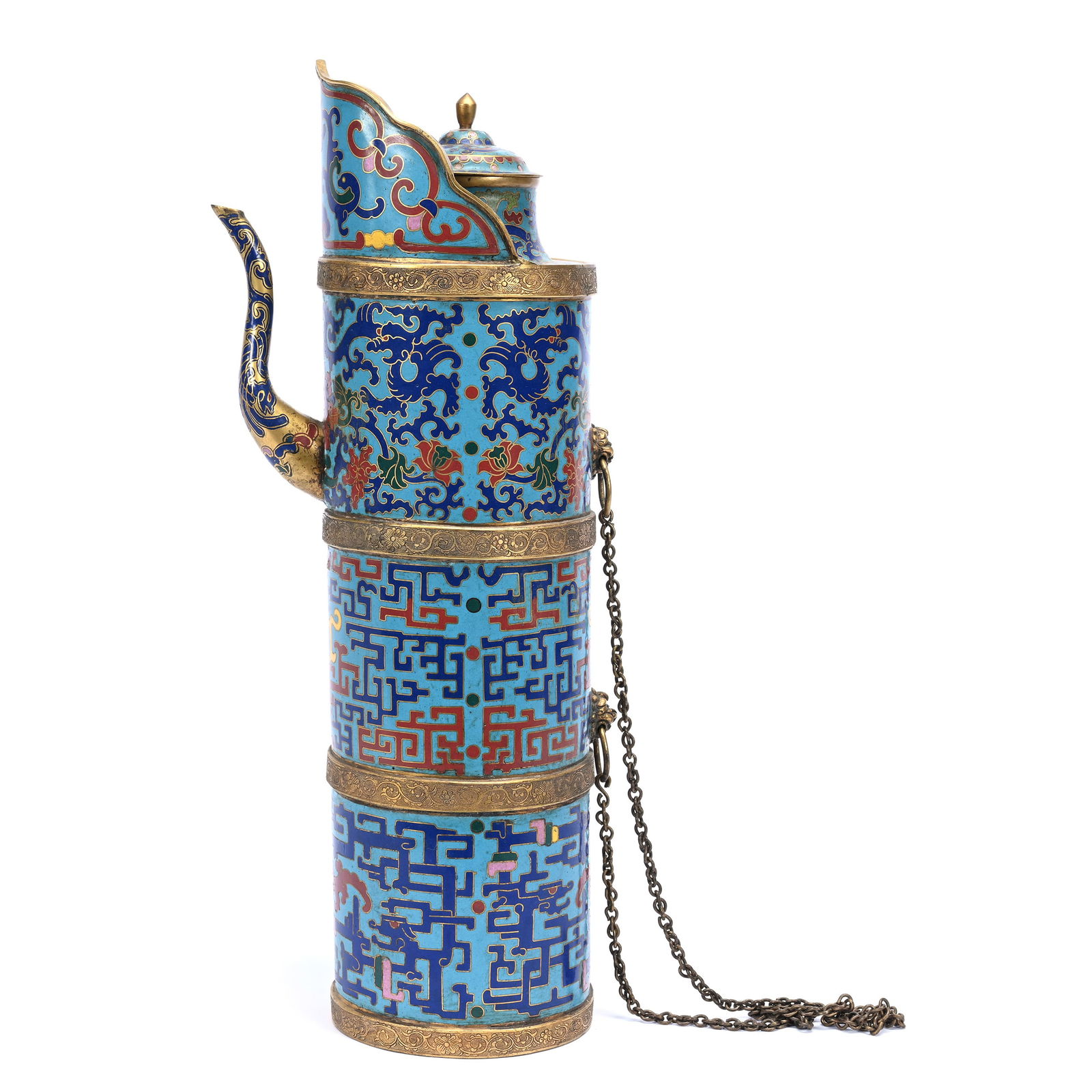 Chinese Cloisonne Traveler's Wine Jug In Style Of Qianlong Dynasty: Chinese Cloisonne Traveler's Wine Jug In Style Of Qianlong Dynasty, 20.25" x 8" x 5.5", Blue Ground With Cobalt, Red, Green And Yellow Highlights, The Estate Of Rex And Mary Campbell, MO. All Proceeds