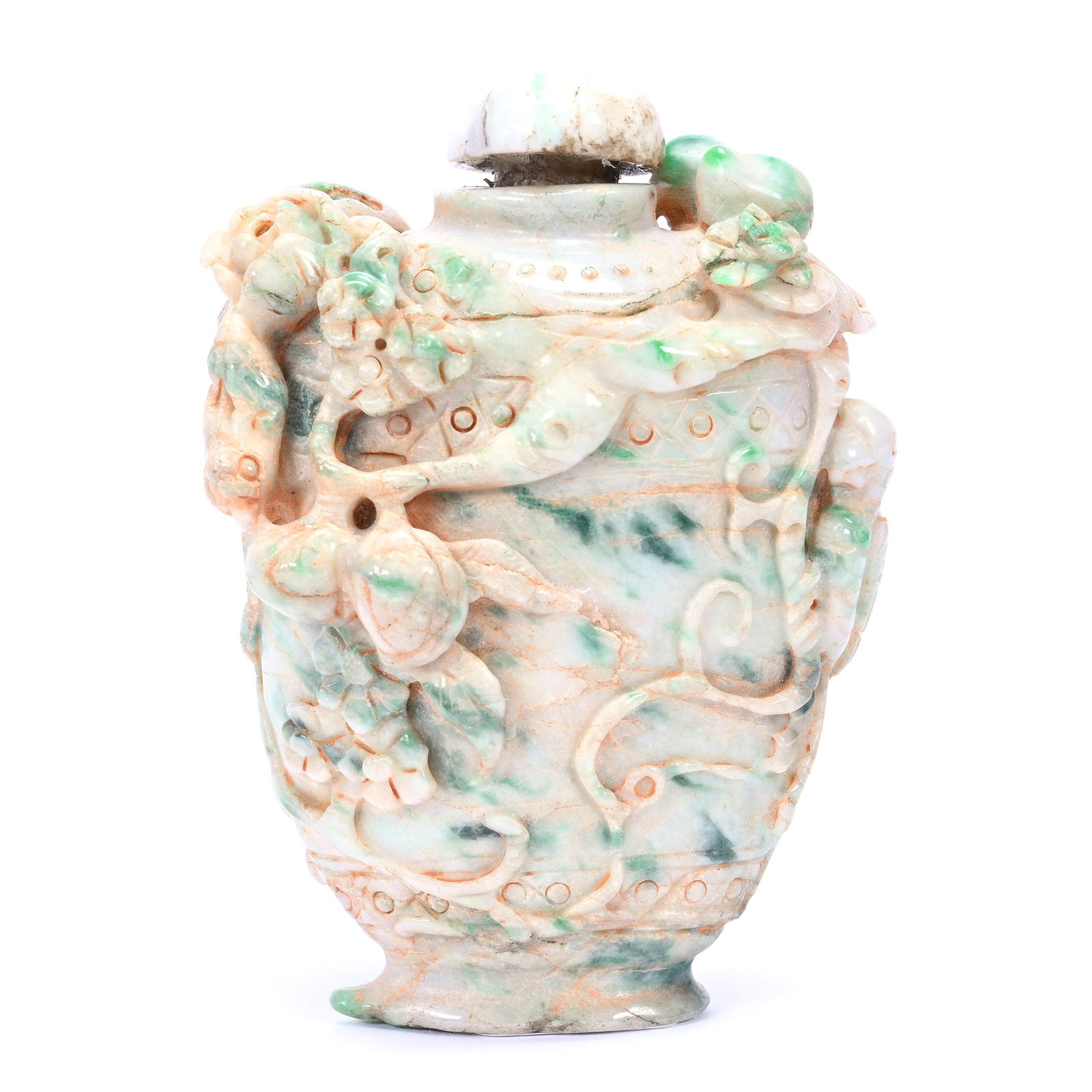 Chinese Jadeite Snuff Bottle, White With Green Veining: Chinese Jadeite Snuff Bottle, White With Green Veining, 4" x 2.75", Carved Bird, Fruit And Blossom Decor, Lid Has Been Re-Attached, The Estate Of Rex And Mary Campbell, MO. All Proceeds Of This Auctio