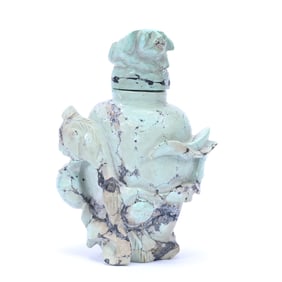 Hand Carved Turquoise Snuff Bottle With Foo Dog And Floral Design