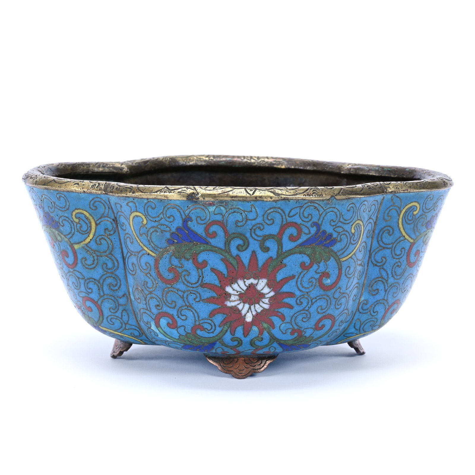 Chinese Cloisonne Scalloped Oval Bowl: Chinese Cloisonne Scalloped Oval Bowl, 3.25" x 7" x 5.75", Blue With Colorful Floral Designs, Some Surface Loss, In Style Of Qing Dynasty, The Estate Of Rex And Mary Campbell, MO. All Proceeds Of This
