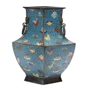 Chinese Cloisonne Diamond Vase, Two Ring Handles