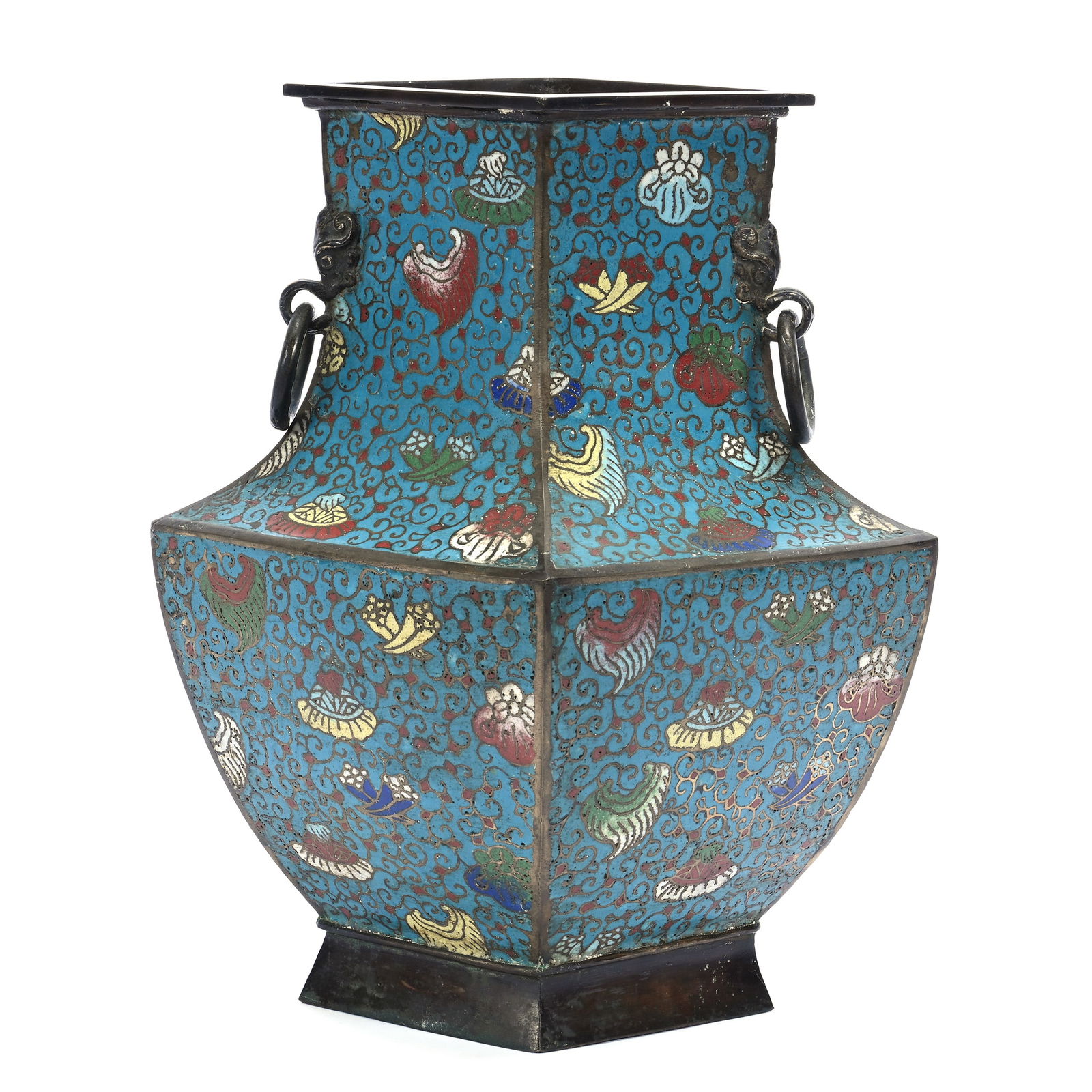 Chinese Cloisonne Diamond Vase, Two Ring Handles (1 of 3)