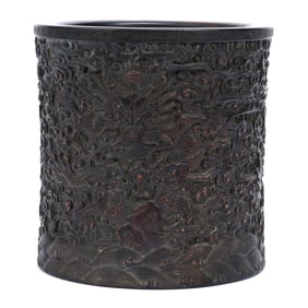 Chinese Zitan Wood Brush Pot, Dragons With Five Claws Amidst Clouds