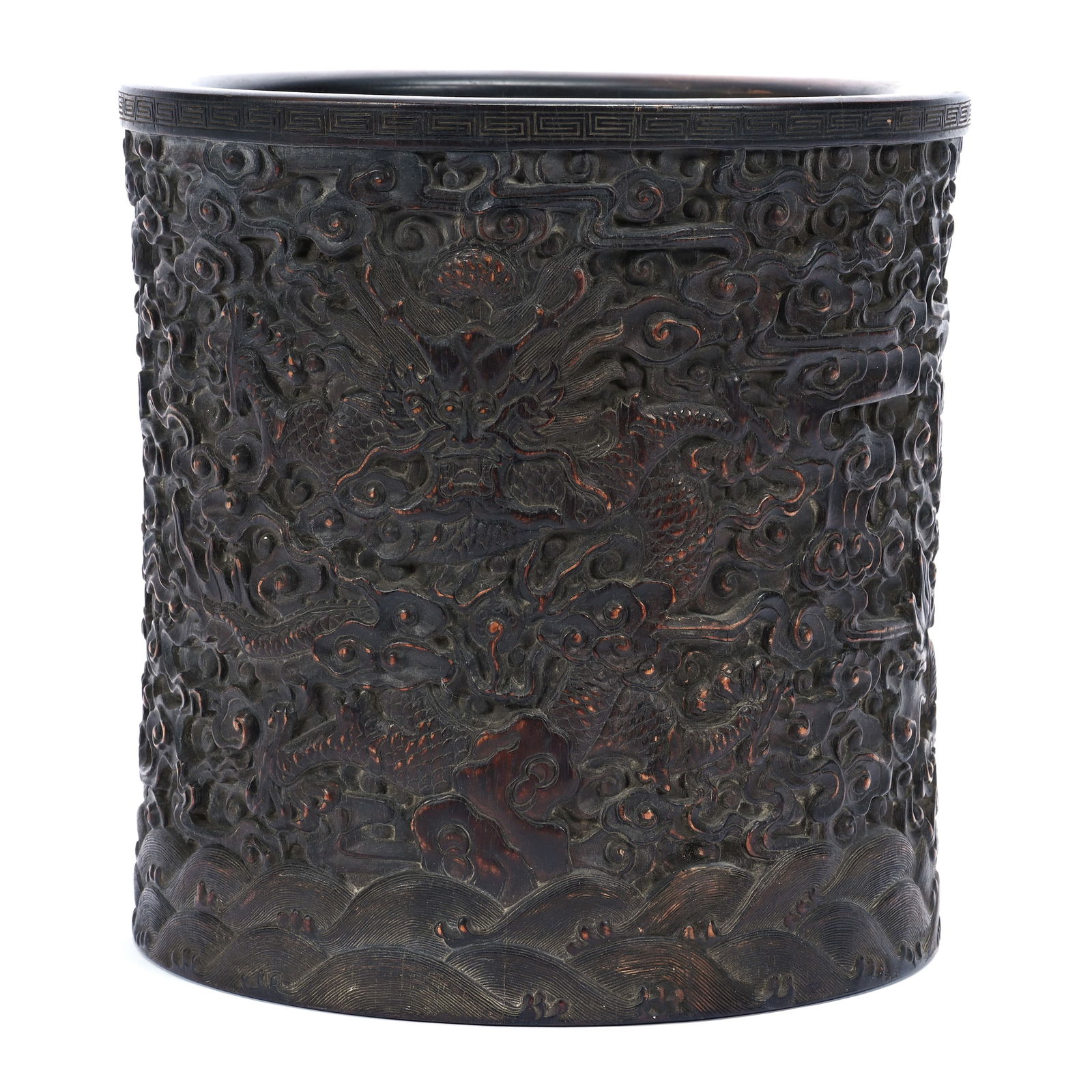 Chinese Zitan Wood Brush Pot, Dragons With Five Claws Amidst Clouds (1 of 3)