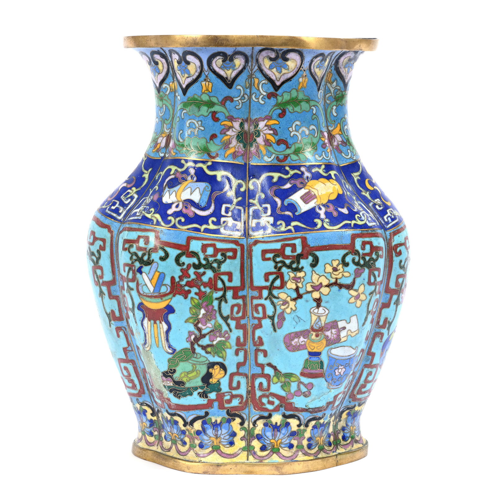 Chinese Cloisonne Vase, Oval Bulbous Form: Chinese Cloisonne Vase, Oval Bulbous Form, 10.25" x 7.75" x 5", Numerous Colors With Classic Designs, In Style Of Kangxi Dynasty, The Estate Of Rex And Mary Campbell, MO. All Proceeds Of This Auction 