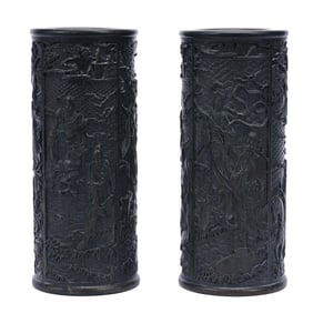 Two Brush Pots, Cylindrical, Each Pot Features Eight Immortals Of Taoism