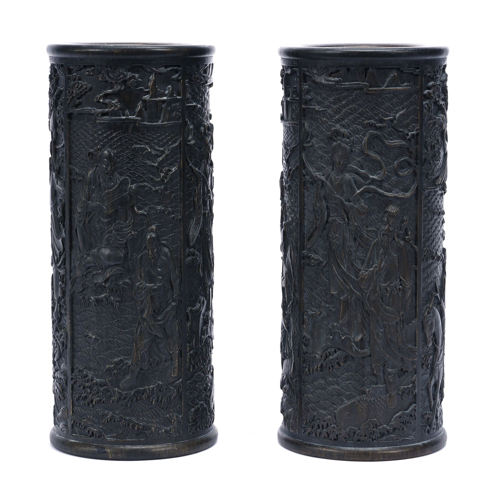 Two Brush Pots, Cylindrical, Each Pot Features Eight Immortals Of Taoism (1 of 3)