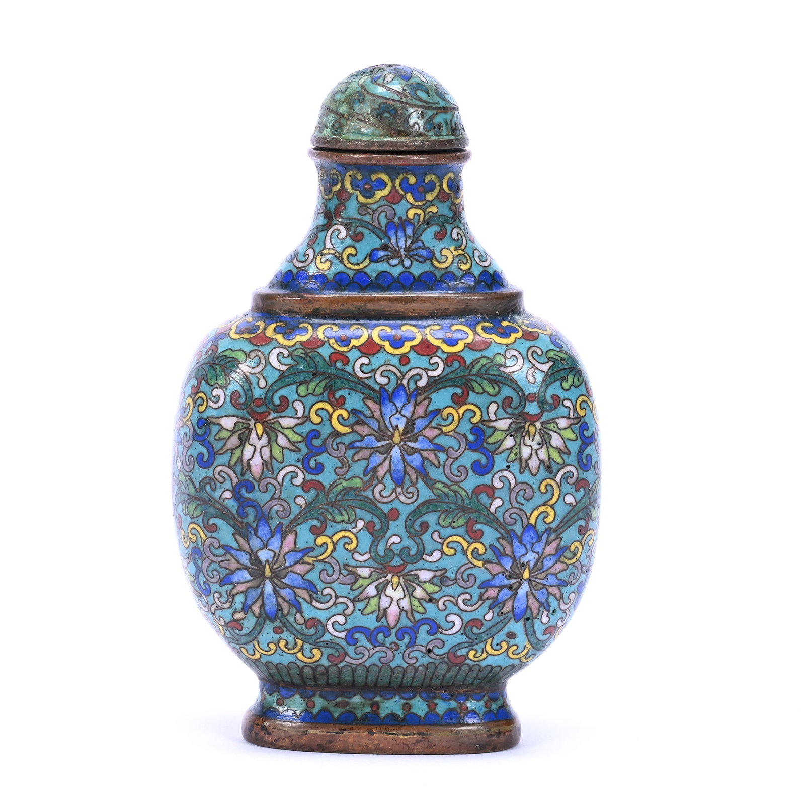 Chinese Cloisonne Snuff Bottle With Inscription: Chinese Cloisonne Snuff Bottle With Inscription, 2.5" x 1.75", Inscription Is Said To Read "Made For Great Emperor Qianlong", Very Fine Floral Detail, Very Nice Quality, The Estate Of Rex And Mary Cam