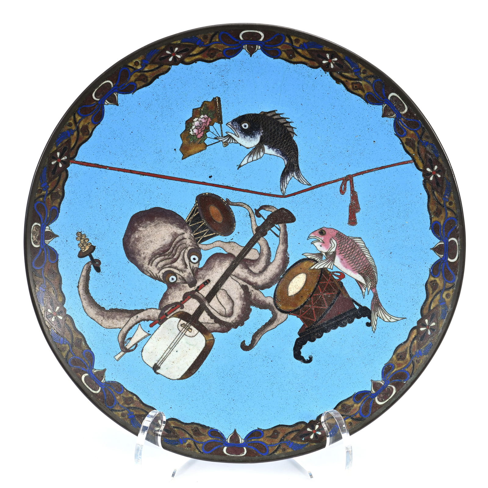 Plate, Japanese Cloisonne, Sea Dwellers Musical Scene: Plate, Japanese Cloisonne, Sea Dwellers Musical Scene, 12", Unusual Comical Scene Featuring Octopus Playing Various Musical Instruments With Koi Fish Tightrope Walker & Koi Drummer, Circa 1900, Base H