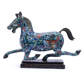 Chinese Cloisonne Running Horse Mounted On Wooden Base