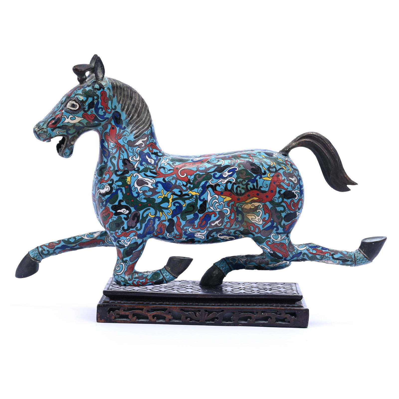 Chinese Cloisonne Running Horse Mounted On Wooden Base (1 of 3)