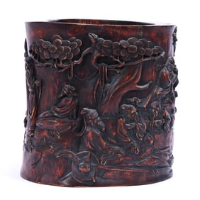 Chinese Brush Pot/Scroll Holder, Odd Shape, Single Piece, "Scholar's Drinking Party" Design