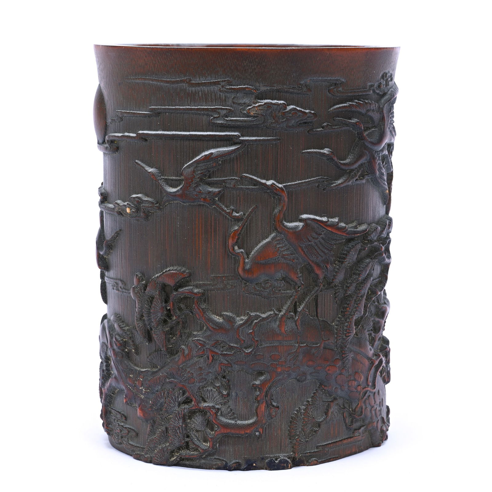 Chinese Carved Bamboo Brush Pot: Chinese Carved Bamboo Brush Pot, 6.5" x 5", Carved With Cranes And Trees Relief, Nice Detail, The Estate Of Rex And Mary Campbell, MO. All Proceeds Of This Auction Go To Benefit Low Income Students At