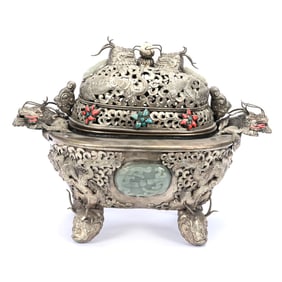 Sino-Mongolian Silver And Hardstone Censer