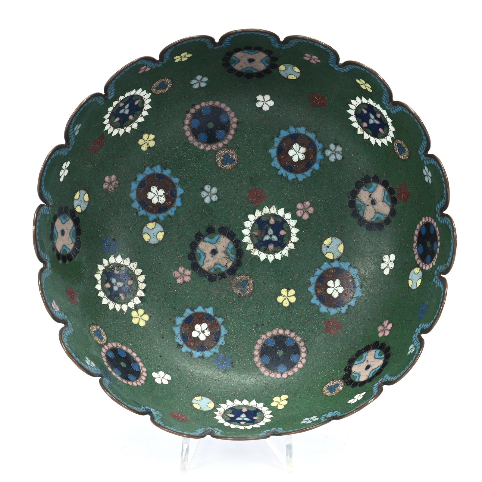 Scalloped Bowl, Japanese Cloisonne: Scalloped Bowl, Japanese Cloisonne, 3" x 7.25", Green Interior With Colorful Circular Blossom Highlights, Black Exterior With Colorful Butterfly And Floral Highlights, The Estate Of Rex And Mary Campb