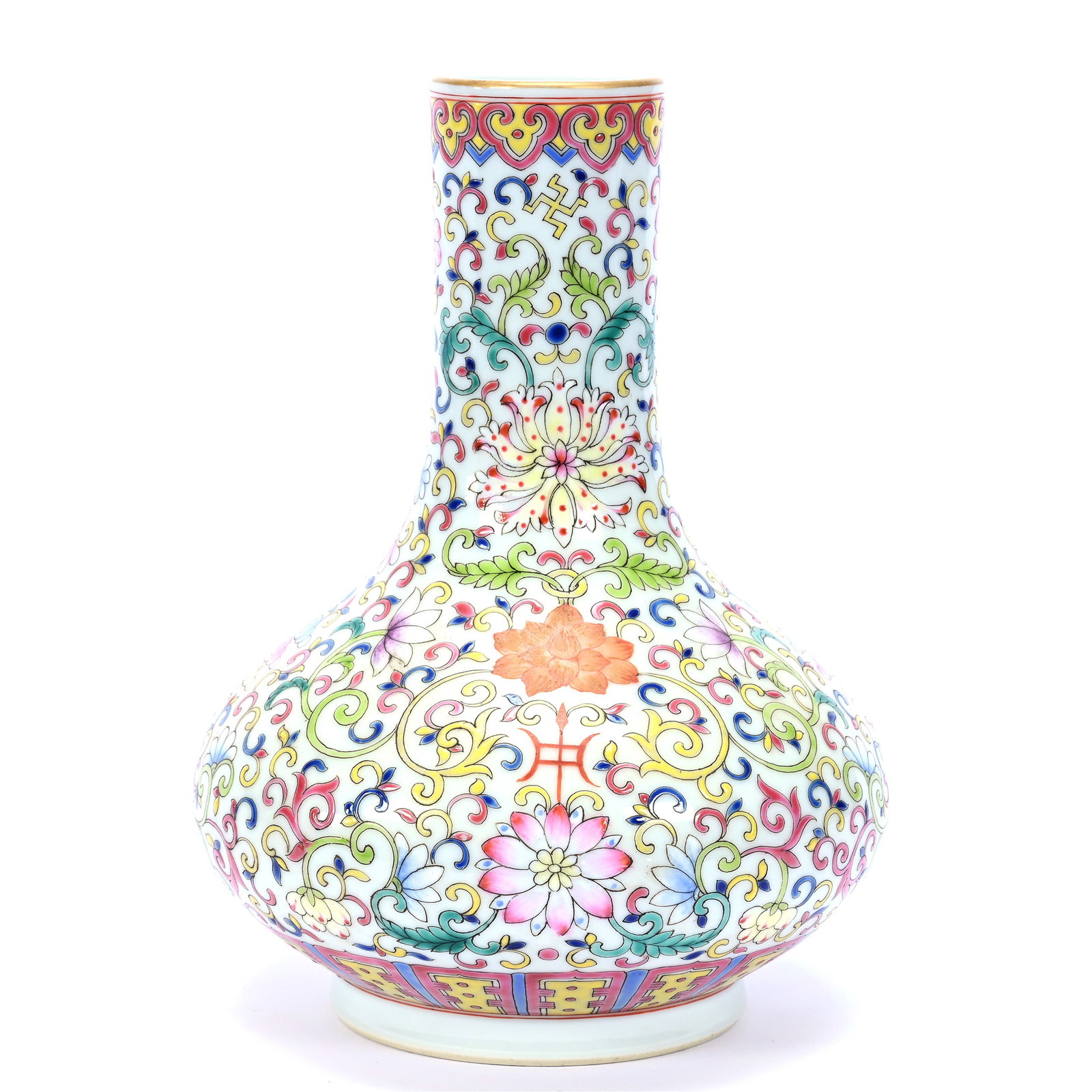 Vase, Chinese Famille Rose Porcelain - In The Style Of Qianlong: Vase, Chinese Famille Rose Porcelain - In The Style Of Qianlong, 8.25" x 6.25", Colorful Floral Design, The Estate Of Rex And Mary Campbell, MO. All Proceeds Of This Auction Go To Benefit Low Income S