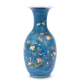 Vase, Japanese Cloisonne On Porcelain, Blue Ground With Colorful Floral And Butterfly Decor
