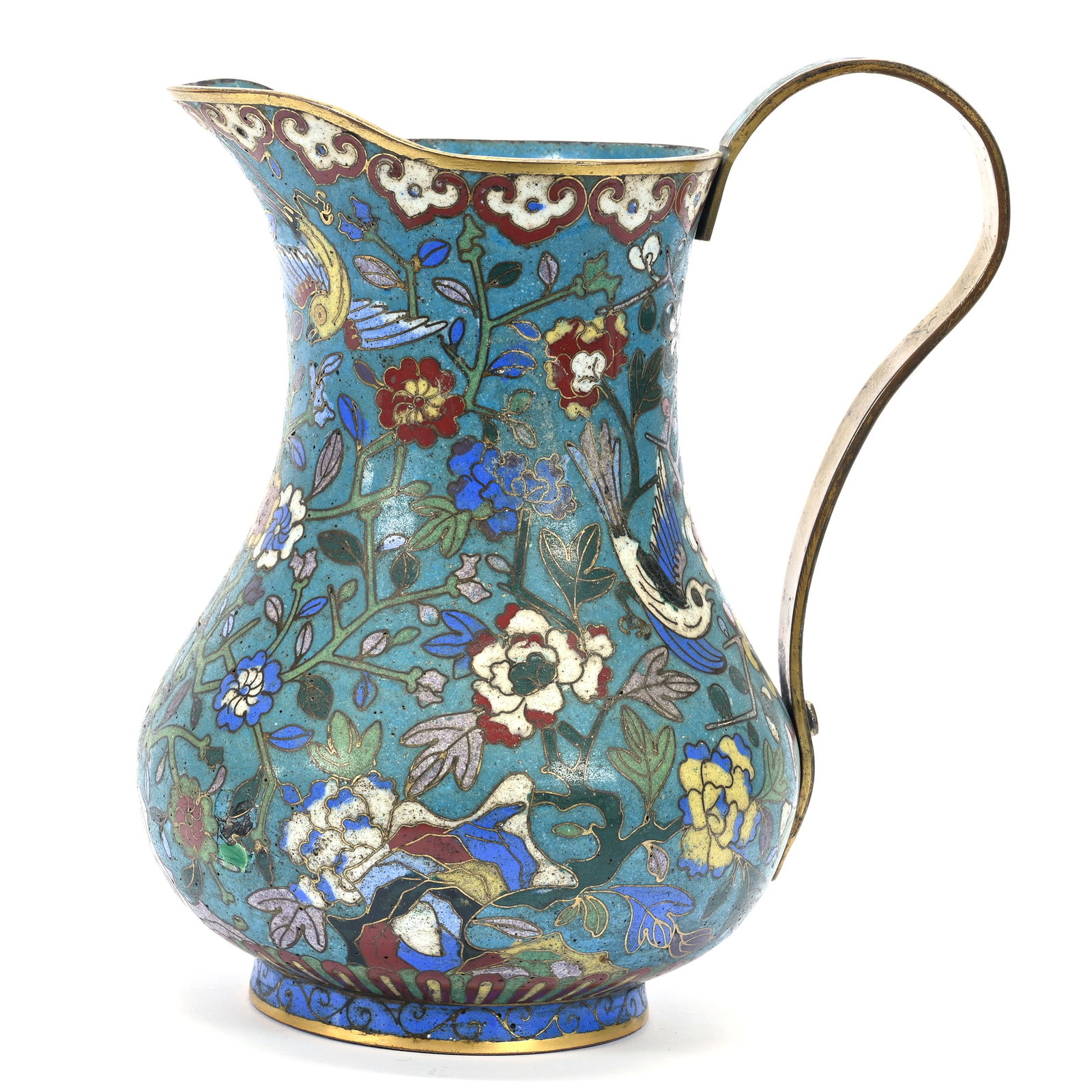 Pitcher, Chinese Cloisonne, In The Style Of Ming Dynasty: Pitcher, Chinese Cloisonne, In The Style Of Ming Dynasty, 8.25" x 7", Some Impact Lower Bulbous Body, Possible Modern Screw For Handle, Some Decor Loss, Repair To Surface, The Estate Of Rex And Mary C
