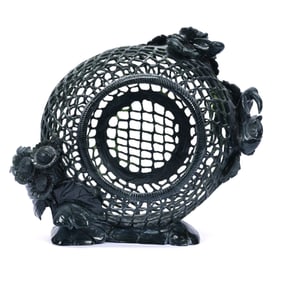 Crab Basket, Chinese Carved Hardstone - Intricate Detail Featuring Flowers And Two Crabs