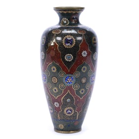 Vase, Chinese Cloisonne, Dark Blue, Green And Burgundy With Elaborate Floral Design
