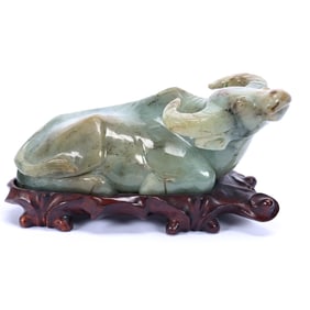 Figurine, Chinese Carved Jade, Water Buffalo At Rest On Fitted Huanghuali Base