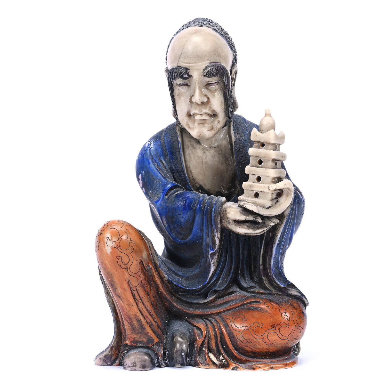 Figurine, Chinese Carved "Stone," Seated Figure Holding Pagoda, Blue Robe: Figurine, Chinese Carved "Stone," Seated Figure Holding Pagoda, Blue Robe, 5" x 3" x 2.25", Exact Material Unidentified, The Estate Of Rex And Mary Campbell, MO. All Proceeds Of This Auction Go To Ben