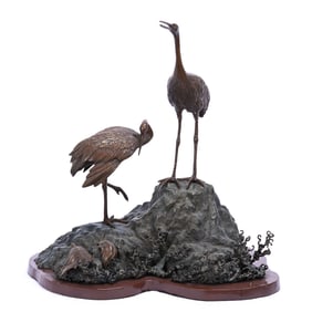 Bronze Display, Two Cranes On Rocky Mound With Two Turtles On Lower Edge, Mounted On Wooden Base