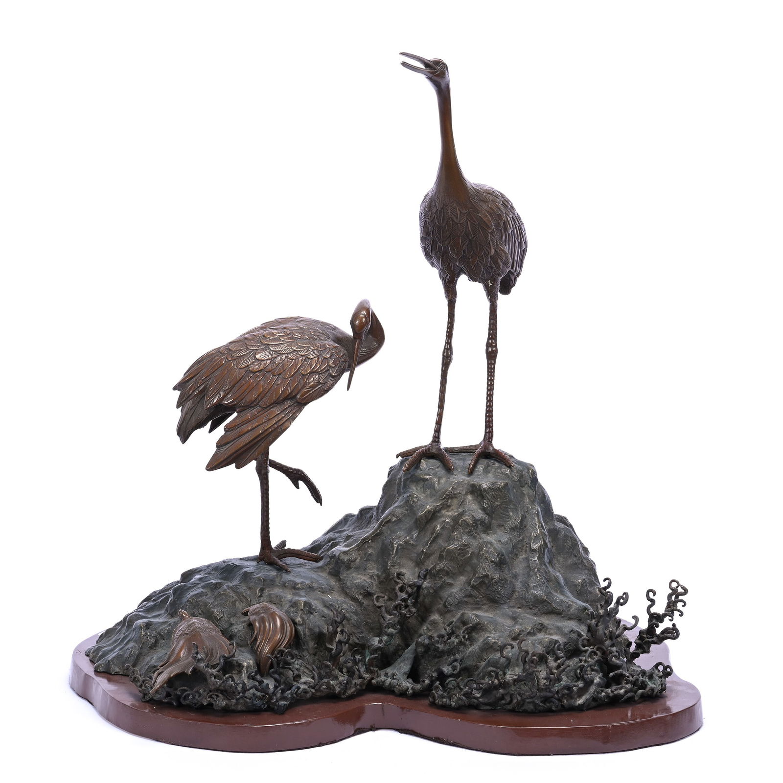 Bronze Display, Two Cranes On Rocky Mound With Two Turtles On Lower Edge, Mounted On Wooden Base (1 of 5)