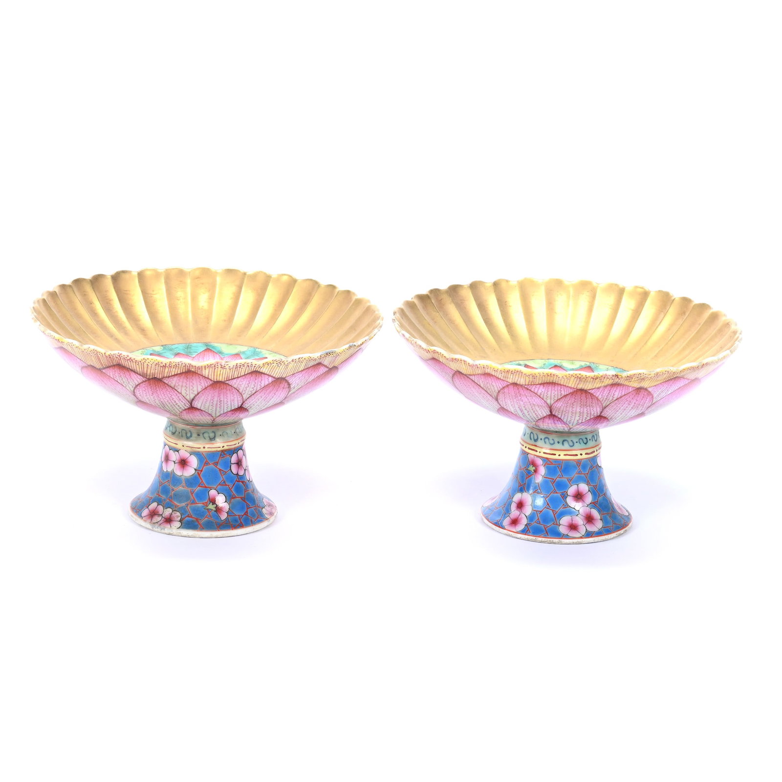 Pair Of Stemmed Bowls, Chinese Porcelain, In The Style Of Daoguang Reign: Pair Of Stemmed Bowls, Chinese Porcelain, In The Style Of Daoguang Reign, 4" x 6.75", Colored Lotus Blossom Design With Heavy Gold, The Estate Of Rex And Mary Campbell, MO. All Proceeds Of This Auctio