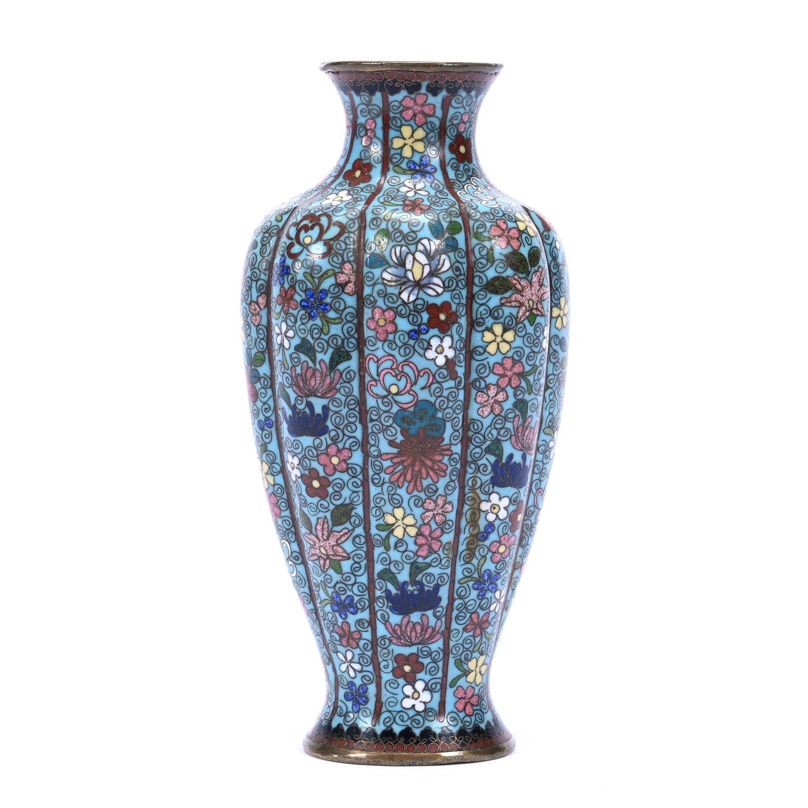 Vase, Chinese Cloisonne, Eight Lobed, Light Blue With Colorful Floral Design, In The Style Of Kangxi (1 of 5)