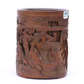 Brush Pot, Carved Chinese Bamboo, Depicts Seven Sages Of The Bamboo Grove