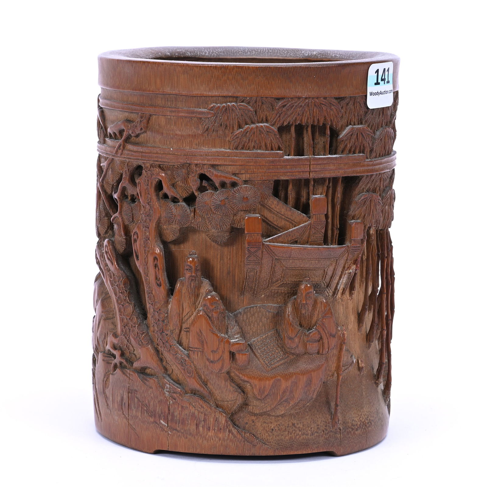 Brush Pot, Carved Chinese Bamboo, Depicts Seven Sages Of The Bamboo Grove (1 of 6)