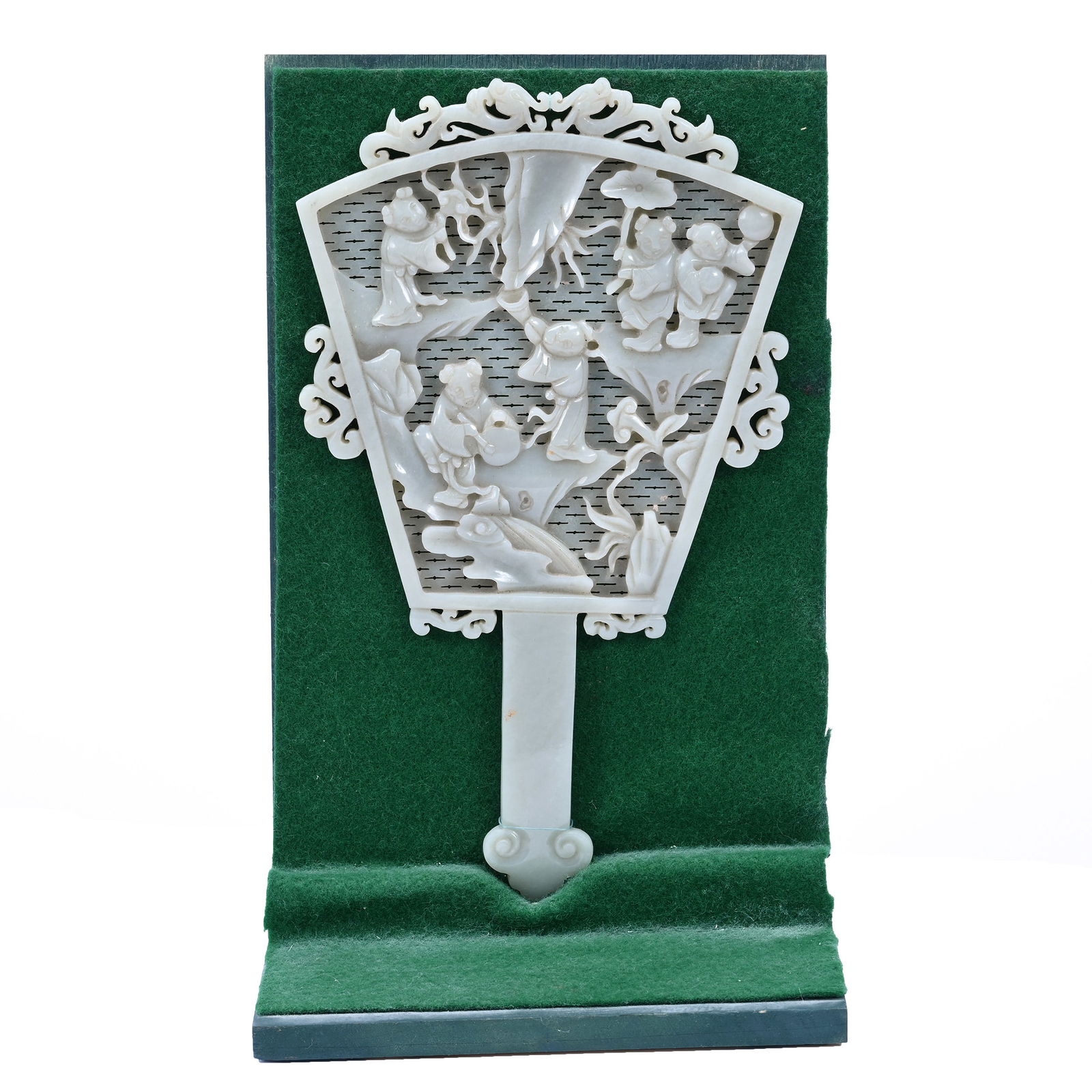 Carved Jade Fan, Carved Scene Features Five Figures Among Plants (1 of 3)