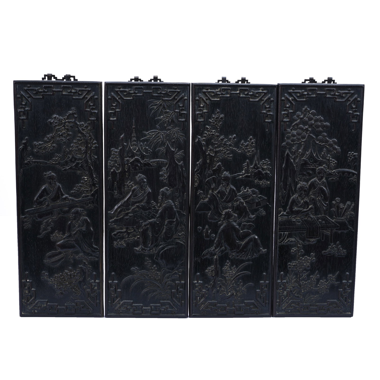 Zitan Hardwood Carving, The Good Life Of Scholars Design, Nice Detail, Nice Set: Zitan Hardwood Carving, The Good Life Of Scholars Design, Nice Detail, Nice Set, 16.75" x 24", In The Style Of Quing Dynasty, Four Plaques, Each Measures (16.75" x 6"), The Estate Of Rex And Mary Camp