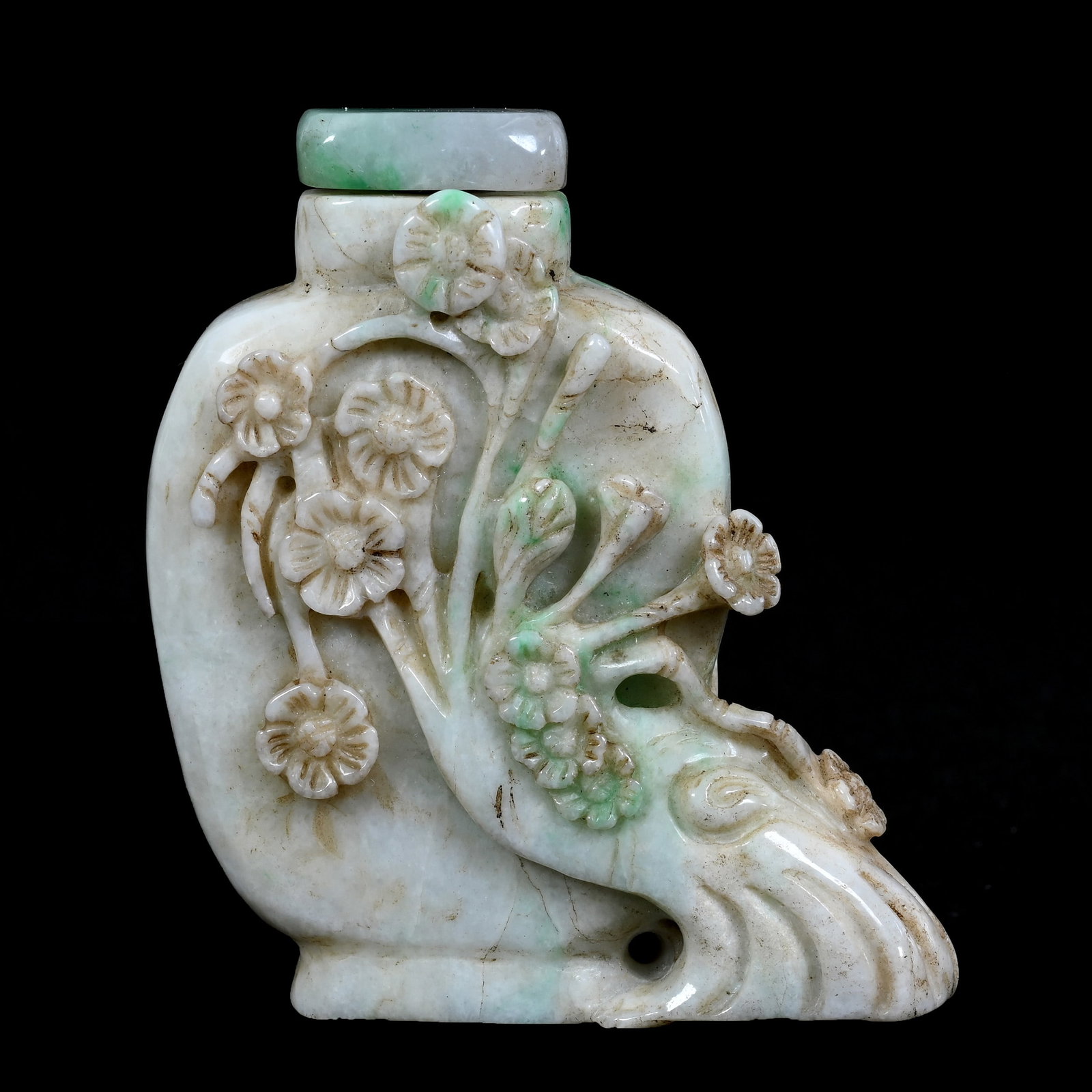 Carved Jade Snuff Bottle, Floral Design, Original Case With Sealed Paanch Photo "Himalayan" Snuff: Carved Jade Snuff Bottle, Floral Design, Original Case With Sealed Paanch Photo "Himalayan" Snuff, 3.25" x 2.75" x 1.25", Box Measures 5.5" x 6.5" x 2", The Estate Of Rex And Mary Campbell, MO. All Pr