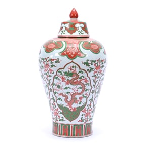 Covered Jar, Chinese Porcelain, Red, Green, And White Scene Featuring Dragon And Floral Design