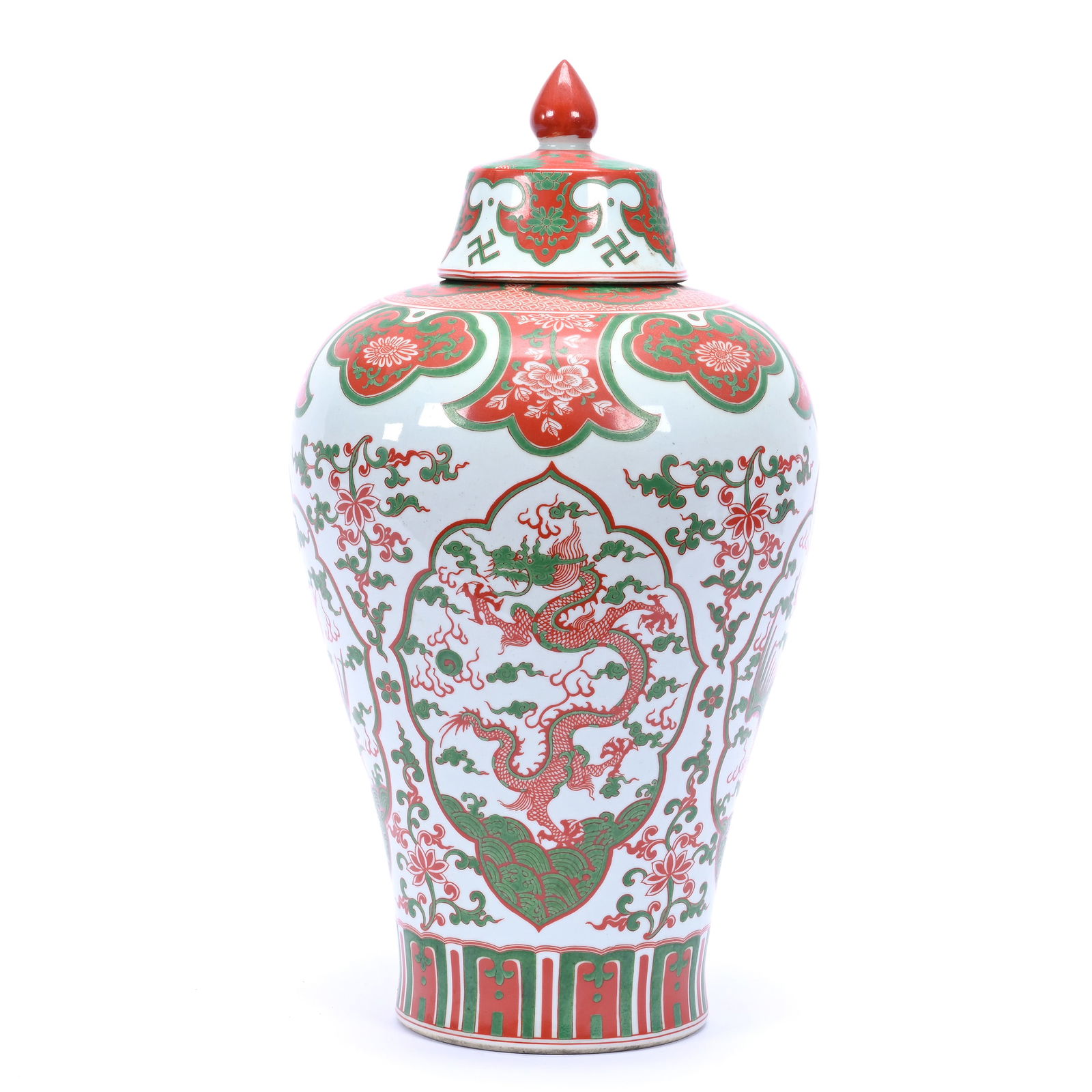 Covered Jar, Chinese Porcelain, Red, Green, And White Scene Featuring Dragon And Floral Design (1 of 3)