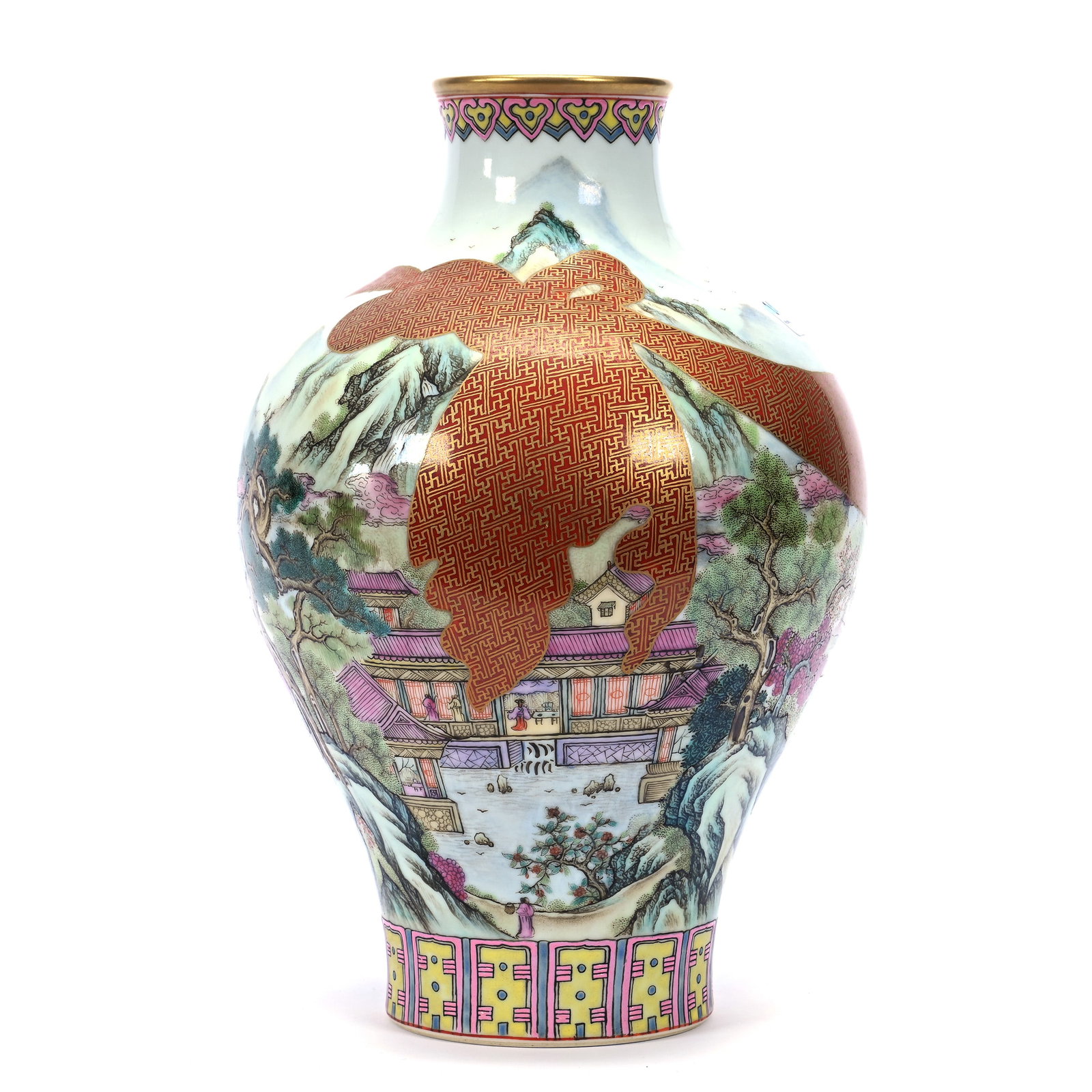 Vase, Chinese Porcelain, In The Style Of Qianlong, White With Temple And Mountain Scenic Decor: Vase, Chinese Porcelain, In The Style Of Qianlong, White With Temple And Mountain Scenic Decor, 11" x 7.25", Red Ribbon With Gold Stencil Highlights, Chinese Verse On Side Of Vase, The Estate Of Rex A