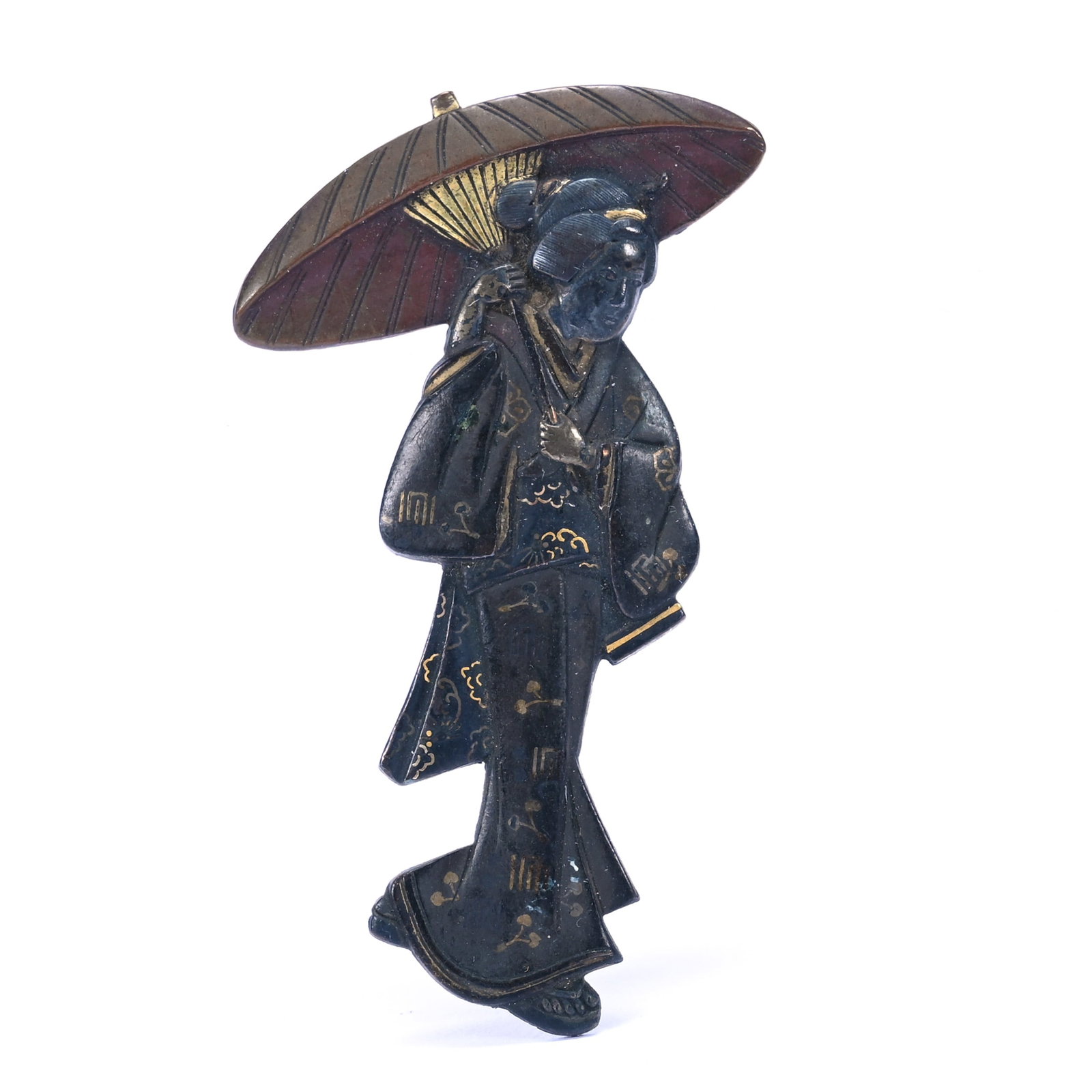 Menuki, An Ornamental Fitting Attached To The Hilt Of A Japanese Sword: Menuki, An Ornamental Fitting Attached To The Hilt Of A Japanese Sword, 2" x 1.25", Features Figure Of A Geisha Holding An Umbrella, Nice Detail, The Estate Of Rex And Mary Campbell, MO. All Proceeds 