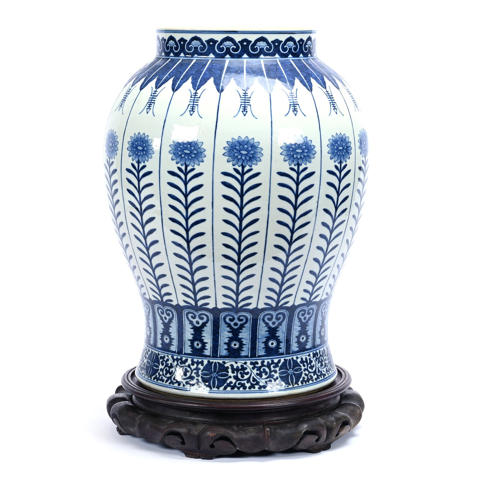 Palace Vase, Chinese Porcelain, Blue And White, Lotus Design In The Style Of Kangxi Reign: Palace Vase, Chinese Porcelain, Blue And White, Lotus Design In The Style Of Kangxi Reign, 20.75" x 15", Sells With Teak Wood Stand, Total Weight Of Vase Is 35 Pounds, Woody Auction Cannot Ship This I